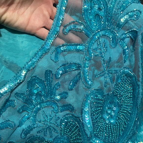 Vtg Turquoise Seguin Floral Applique Sheer Panel Blouse And Skirt Coord Set L - Picture 6 of 9